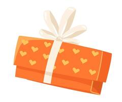 cadeau boîte dans plat conception. Orange présent paquet avec cœurs modèle et arc. illustration isolé. vecteur