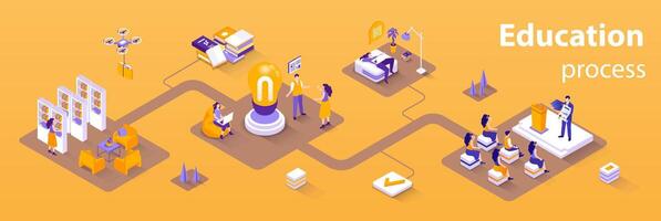 éducation processus concept 3d isométrique infographie la toile bannière. gens en étudiant, assister Des classes et bibliothèque, discuter avec étudiants, l'obtention du diplôme. illustration dans isométrie graphique conception vecteur