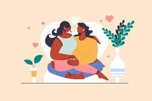 lesbienne couple concept avec gens scène dans plat conception. femmes dans l'amour étreindre et séance ensemble. lgbt femelles paire embrassement et flirt. illustration avec personnage situation pour la toile vecteur