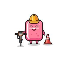 Mascotte de travailleur routier de bubble-gum tenant une perceuse vecteur