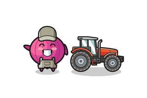 la mascotte du fermier à l'oignon debout à côté d'un tracteur vecteur