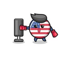 dessin animé de boxeur de drapeau des états-unis faisant une formation avec un sac de boxe vecteur