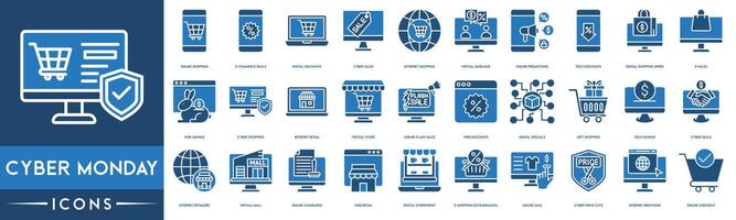 cyber Lundi icône ensemble. en ligne achats , commerce électronique offres, numérique remises, cyber ventes, l'Internet achats, virtuel bonnes affaires, en ligne promotions, technologie remises icône. vecteur