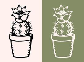 cactus avec fleurs à l'intérieur mignonne pot plante planteur minimaliste encre dessin noir mince lignes élégant délicat main tiré illustration pour épanouissement floral succulent cactus amoureux les filles autocollant décor cadeaux vecteur