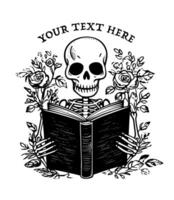 squelette en train de lire une livre noir et blanc squelette avec livre et des roses fleurs floral Cadre gothique livre les amoureux foncé université livresque illustration vecteur