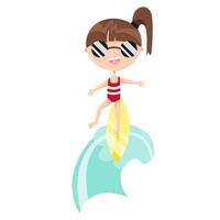 peu mignonne bébé fille surfant sur le mer vagues. cool été vacances mascotte personnage. actif océan l'eau divertissement. plat illustration de des sports adolescent pour autocollant, logo, signe, emblème, étiquette vecteur