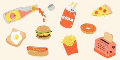 collection de divers vite aliments. déchet repas collection. pizza, Burger, un soda, chaud chien, français frites, pain grillé avec œuf, tomate pâte, Donut. parfait pour menu ou nourriture paquet conception. dessin animé mignonne main dessiner vecteur