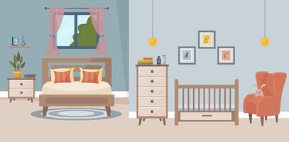 intérieur de chambre et garderie. confortable chambre avec une lit bébé. dessin animé illustration de une brillant pièce avec une double lit, copier, fauteuil, tapis, la fenêtre. vecteur