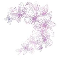 papillons sont rose, bleu, lilas, en volant, délicat ligne art. graphique illustration main tiré dans rose, lilas encrer. cercle cadre, modèle eps vecteur