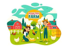 la volaille ferme illustration avec poulets, coqs, paille, cage et Oeuf sur paysage de vert champ dans plat dessin animé Contexte conception vecteur