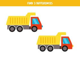 trouver 3 différences entre deux mignonne dessin animé jouet camion. vecteur
