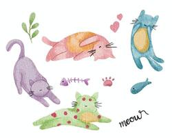 mignonne coloré chat aquarelle ensemble vecteur