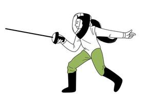 athlète escrime femmes dans tenue avec épée. escrime duel compétition un événement contour icône. épée lutte. personnage pour des sports classement, site Internet, carte postale, mascotte. ligne illustration. vecteur