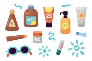 Soleil protection, sûr bronzage des produits ensemble. crème solaire bouteilles, bocaux. coups de crème solaire crème coups. plage vacances concept. plat conception, dessin animé spf cosmétique des produits collection. vecteur