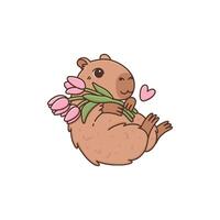 mignonne capybara avec bouquet de tulipe fleurs et rose cœur. dessin animé rongeur personnage dans kawaii style. marrant animal avec cadeau pour vacances vecteur