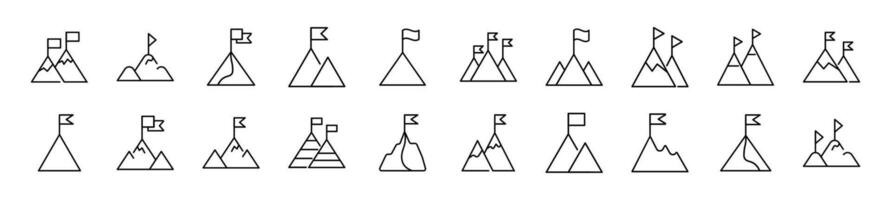 collection de mince panneaux de Montagne avec drapeau sur Haut. modifiable accident vasculaire cérébral. Facile linéaire illustration pour magasins, magasins, bannières, conception vecteur