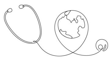 continu ligne dessin de stéthoscope et Terre se soucier environnement concept mince ligne illustration vecteur