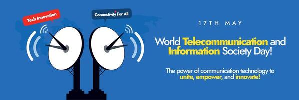 7e mai monde télécommunication et information société journée couverture bannière avec Satellite antennes. cette journée élever global conscience de social changements amené à propos par le l'Internet et Nouveau les technologies vecteur