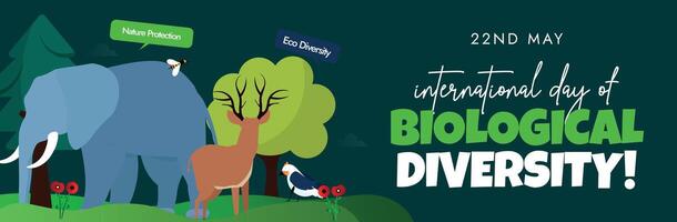 international journée de biologique la diversité couverture bannière. 22e mai 2024 international la biodiversité journée fête couverture bannière avec éléphant, cerf, fleurs, des arbres, des oiseaux sur foncé vert Contexte. vecteur