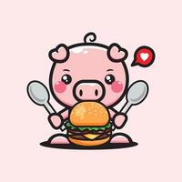 mignonne dessin animé illustration de porc en mangeant Burger vecteur