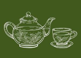 thé ensemble avec en bonne santé vert thé, menthe feuilles. théière et Coupe. main tiré illustration dans contour style. vecteur