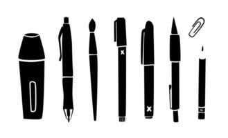 différent type de des stylos comme un illustration avec le casquette sur le crayon, dans le style de silhouette Les figures. griffonnage vecteur