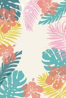 abstrait été Contexte avec tropical feuilles et fleurs avec recouvrir effet. couverture pour la toile bannière, social médias bannière, carte postale, invitation. été vacances concept.plage thème. vecteur