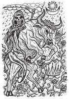 taureau symbole. bœuf avec décès squelette, couronne et mystique panneaux vecteur