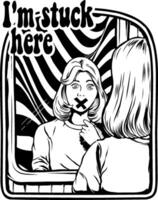 femme à la recherche dans le miroir avec slogan je suis coincé ici art travail illustration pour t chemise, logo, et autre vecteur