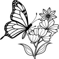 monarque papillon en volant coloration pages. papillon sur fleur coloration pages vecteur