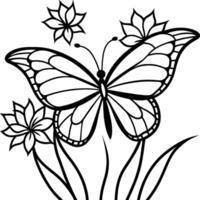monarque papillon en volant coloration pages. papillon sur fleur coloration pages vecteur