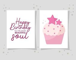 carte de cupcake avec joyeux anniversaire au plus beau lettrage d'âme vecteur