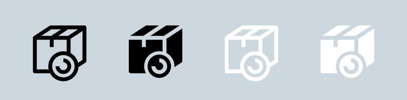 paquet icône ensemble dans noir et blanche. livraison boîte panneaux illustration. vecteur