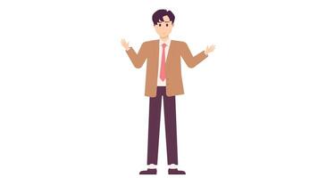 plat personnage de Jeune homme personnage avec marron blazer costume expliquant pose vecteur