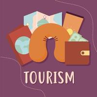 lettrage de tourisme et paquet d'icônes de voyage sur fond violet vecteur
