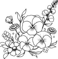 sucré pois fleur et feuille dessiné à la main botanique illustration avec ligne art, avril sucré pois naissance fleur ensemble, sucré pois fleur, et Marguerite fleur coloration pages. vecteur