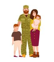 militaire homme, militaire ou soldat habillé dans camouflage vêtements, le sien épouse et les enfants. content famille. souriant plat dessin animé personnages isolé sur blanc Contexte. coloré illustration. vecteur