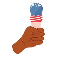 dessiné à la main illustration de foncé peau main en portant un crème glacée avec amercien drapeau. conception pour 4e de juillet. vecteur