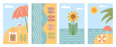 été. ensemble de été arrière-plans. fruit plage parapluie, retourner flops et cocktail. abstrait arrière-plan, motifs pour affiches, couvertures, dépliants, bannières. vecteur
