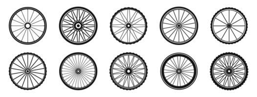 bicyclette roues icône collection. vélo roue silhouettes. vélo roue icône ensemble. vélo pneus. vecteur
