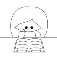 mignonne dessin animé fille lis livre dans noir et blanc vecteur