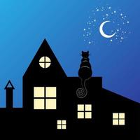 chat noir assis sur le toit la nuit regarde le croissant de lune et le ciel bleu nuit et les étoiles, fond d'illustration vectorielle vecteur