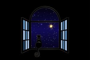 chat noir assis sur la fenêtre la nuit regarde le ciel nocturne et les étoiles brillantes, étoile sirius, illustration vectorielle vecteur