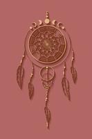 attrape-rêves détaillé avec ornement mandala et phases de lune. symbole mystique d'or, art ethnique avec un design boho indien amérindien, vecteur isolé sur fond rose vintage ancien