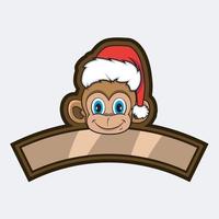 logo de personnage de tête de singe, icône, filigrane, insigne, emblème et étiquette avec chapeau de noël. vecteur