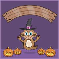 animal singe mignon vêtu de vampire halloween custome, avec bannière d'espace vide, citrouilles et position de vol. vecteur