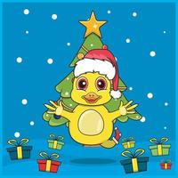 Noël animal mignon avec un design de personnage de canard, portant des chaussettes et un chapeau de Noël. fond boisé. parfait pour l'arrière-plan, la carte de voeux, l'étiquette et l'icône. vecteur