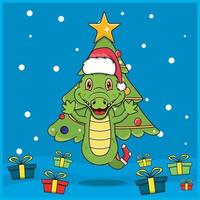 Noël animal mignon avec un design de personnage de crocodile, portant une chaussette et un chapeau de Noël. fond boisé. parfait pour l'arrière-plan, la carte de voeux, l'étiquette et l'icône. vecteur