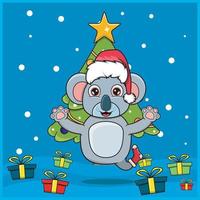 Noël animal mignon avec la conception de personnages de koala, portant des chaussettes et un chapeau de Noël. fond boisé. parfait pour l'arrière-plan, la carte de voeux, l'étiquette et l'icône. vecteur