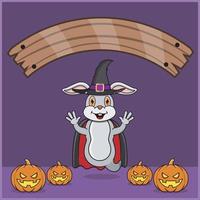animal lapin mignon vêtu de vampire halloween custome, avec bannière d'espace vide, citrouilles et position de vol. vecteur